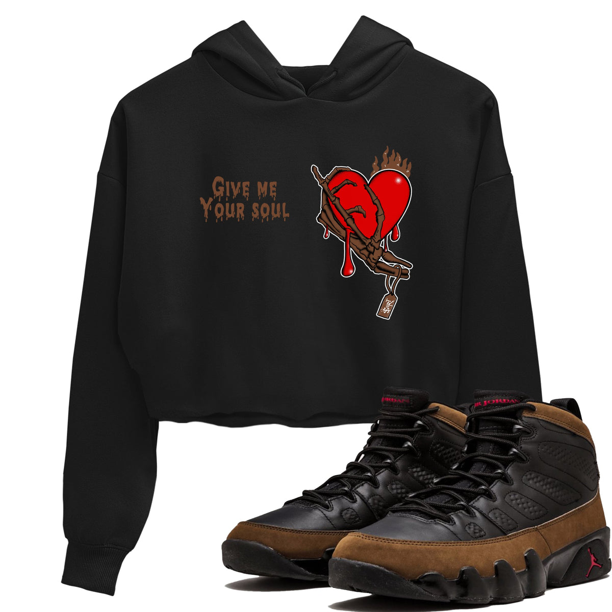 9s Olive shirts to match jordans Give Me Your Soul sneaker match tees Air Jordan 9 Olive match shoes to clothes Drip Gear Zone unisex cotton Black 1 crop tee