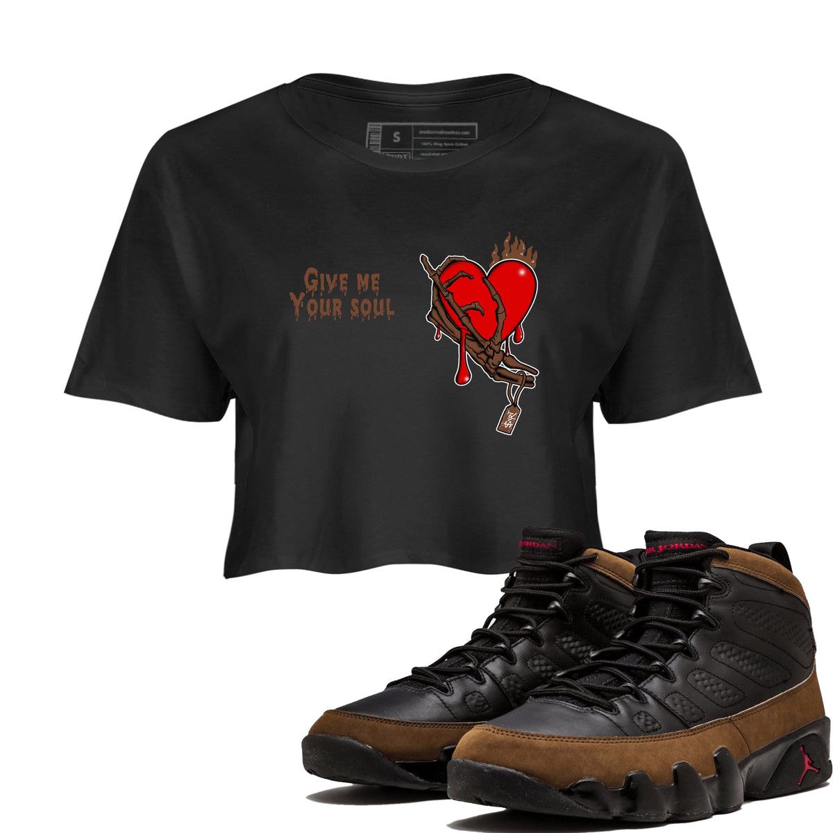9s Olive shirts to match jordans Give Me Your Soul sneaker match tees Air Jordan 9 Olive match shoes to clothes Drip Gear Zone unisex cotton Black 1 crop tee