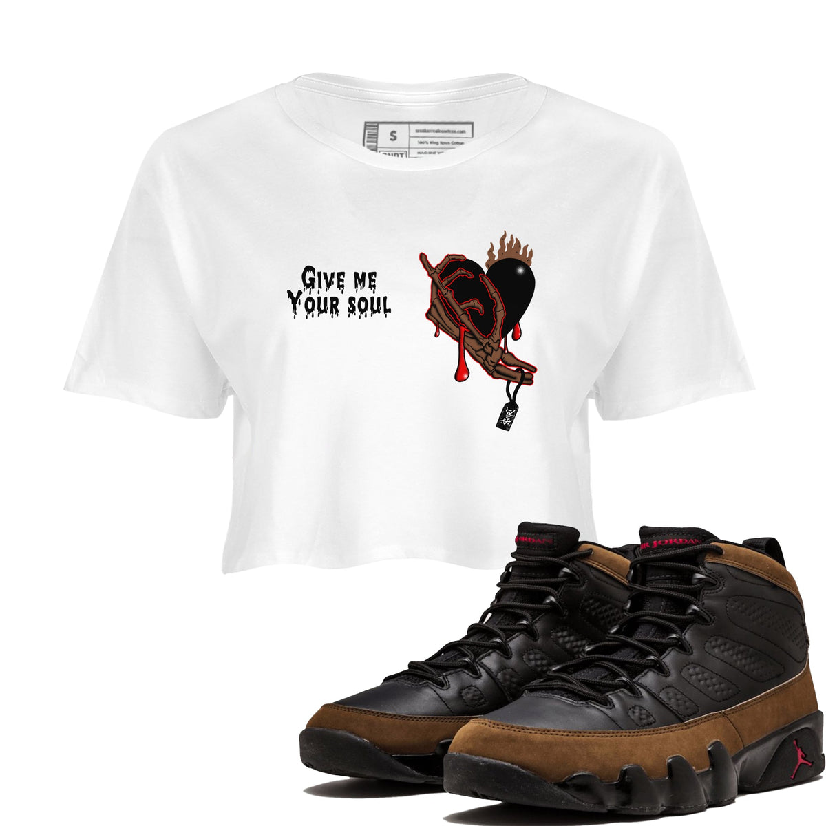 9s Olive shirts to match jordans Give Me Your Soul sneaker match tees Air Jordan 9 Olive match shoes to clothes Drip Gear Zone unisex cotton White 1 crop tee