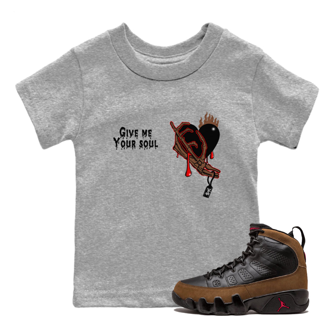 9s Olive shirts to match jordans Give Me Your Soul sneaker match tees Air Jordan 9 Olive match shoes to clothes Drip Gear Zone Youth Baby Heather Grey 1 tee