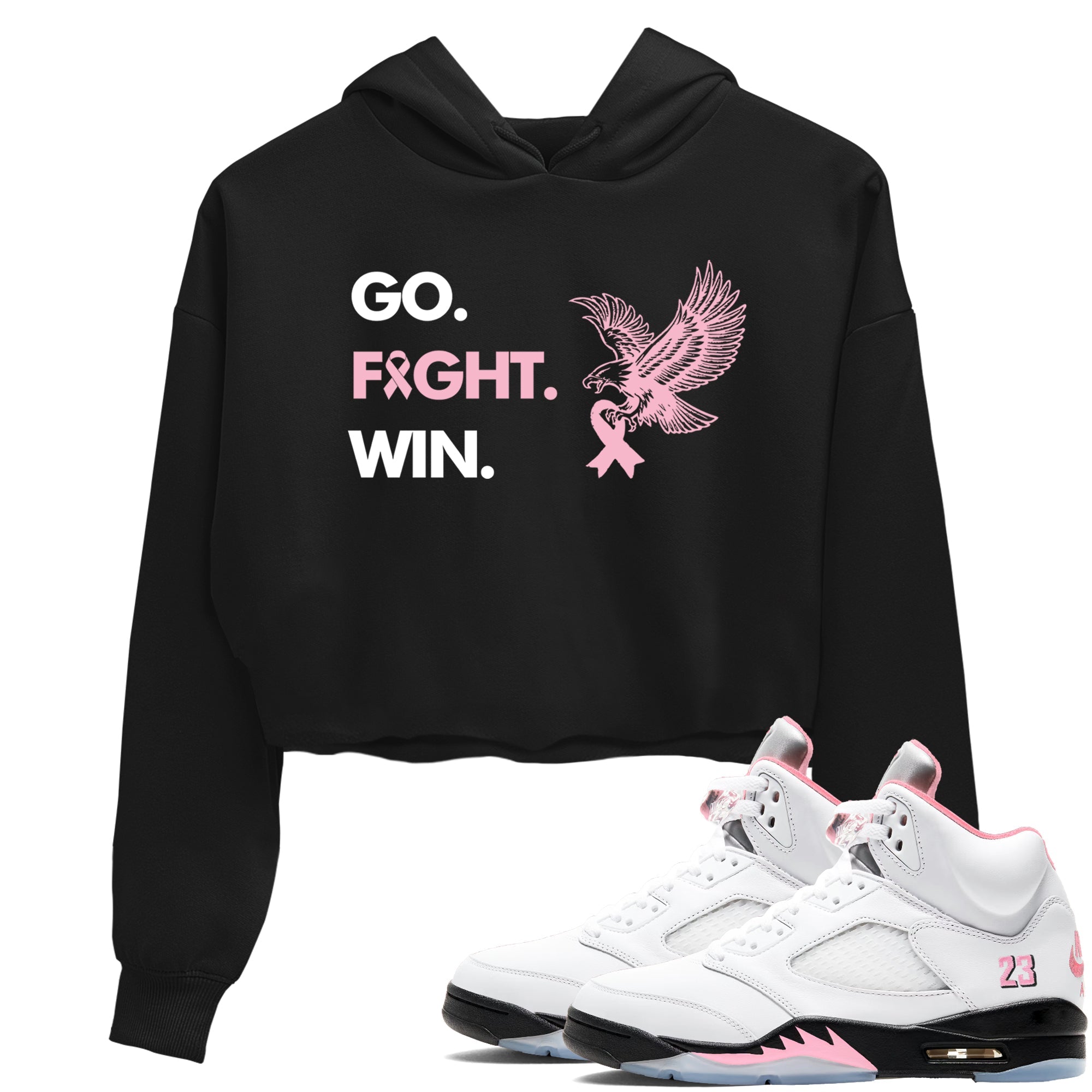 Sneaker Threads  Sneaker Tees To Match Air Jordan 5 Medium Soft Pink  Go Fight Win Crop Tee Black 1. Perfect for Jordan releases 2025 colorways.