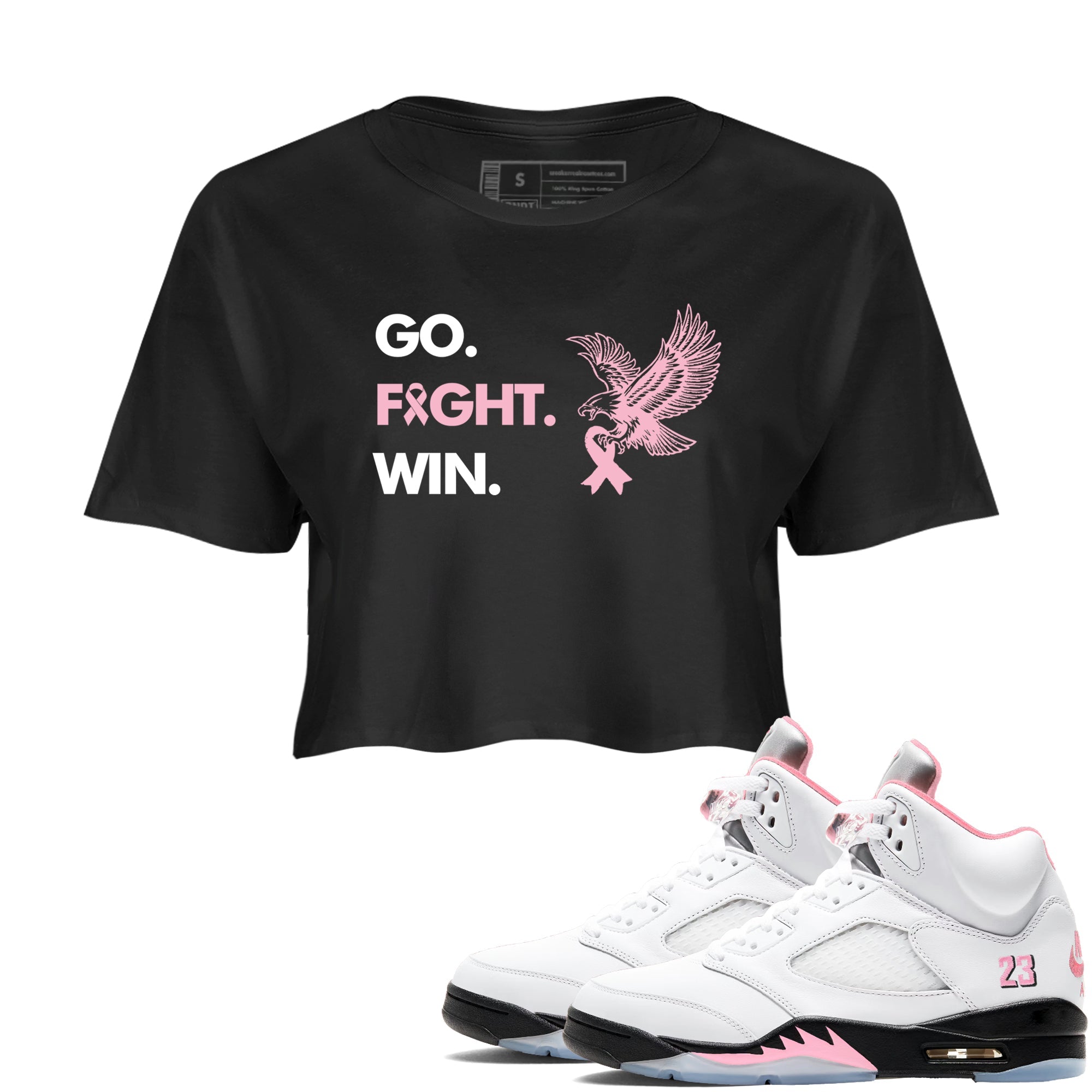 Sneaker Threads  Sneaker Tees To Match Air Jordan 5 Medium Soft Pink  Go Fight Win Crop Tee Black 1. Perfect for Jordan releases 2025 colorways.