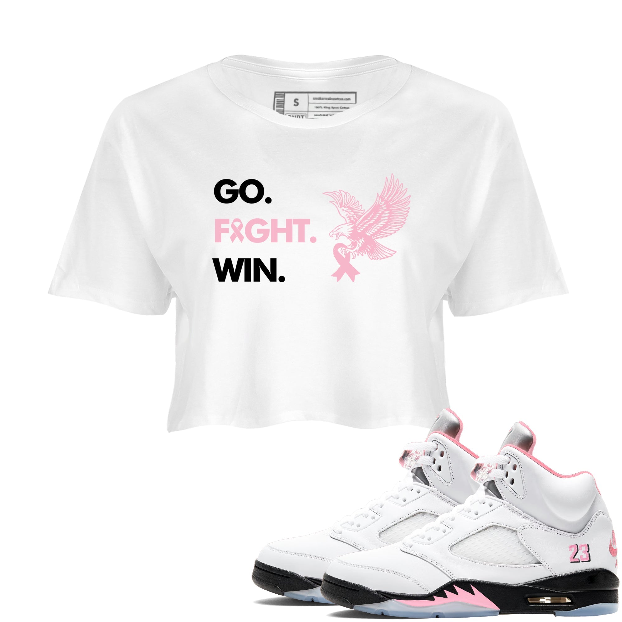 Sneaker Threads  Sneaker Tees To Match Air Jordan 5 Medium Soft Pink  Go Fight Win Crop Tee White 1. Perfect for Jordan releases 2025 colorways.