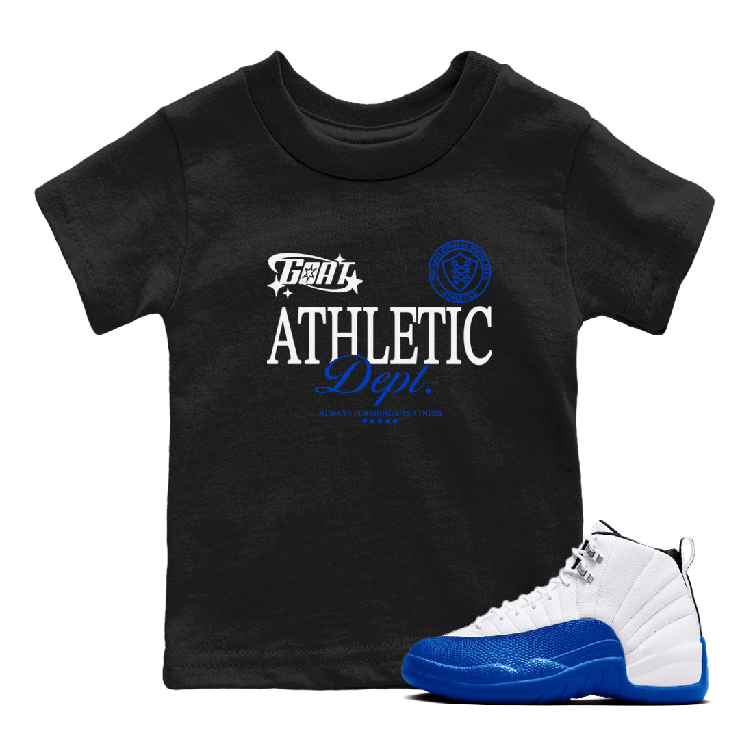 12s Blueberry shirts to match jordans Goat Athletic Dept sneaker match tees Air Jordan 12 Blueberry Drip Gear Zone Youth Baby Black 1 crew neck shirts