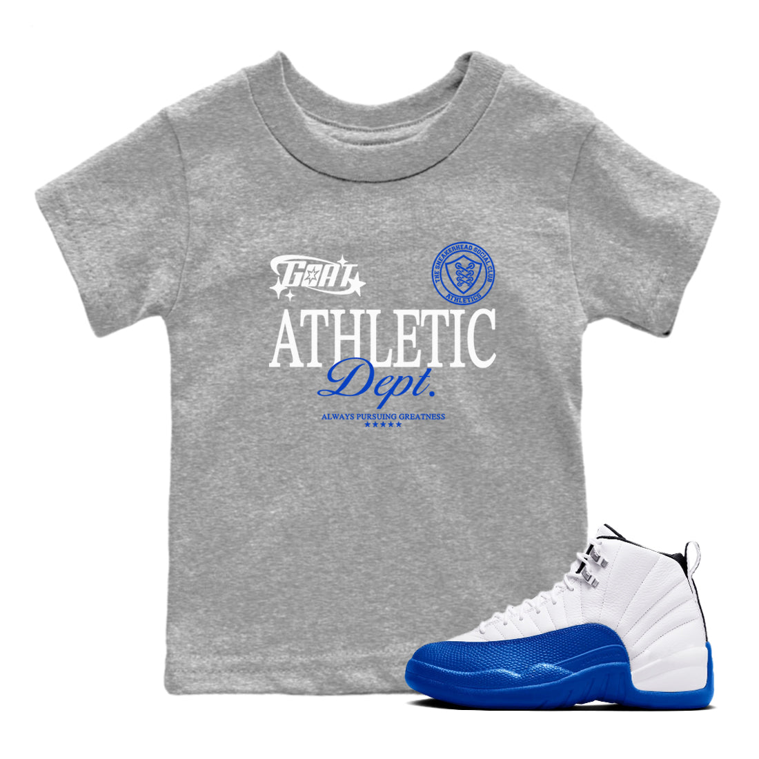 12s Blueberry shirts to match jordans Goat Athletic Dept sneaker match tees Air Jordan 12 Blueberry Drip Gear Zone Youth Baby Heather Grey 1 crew neck shirts