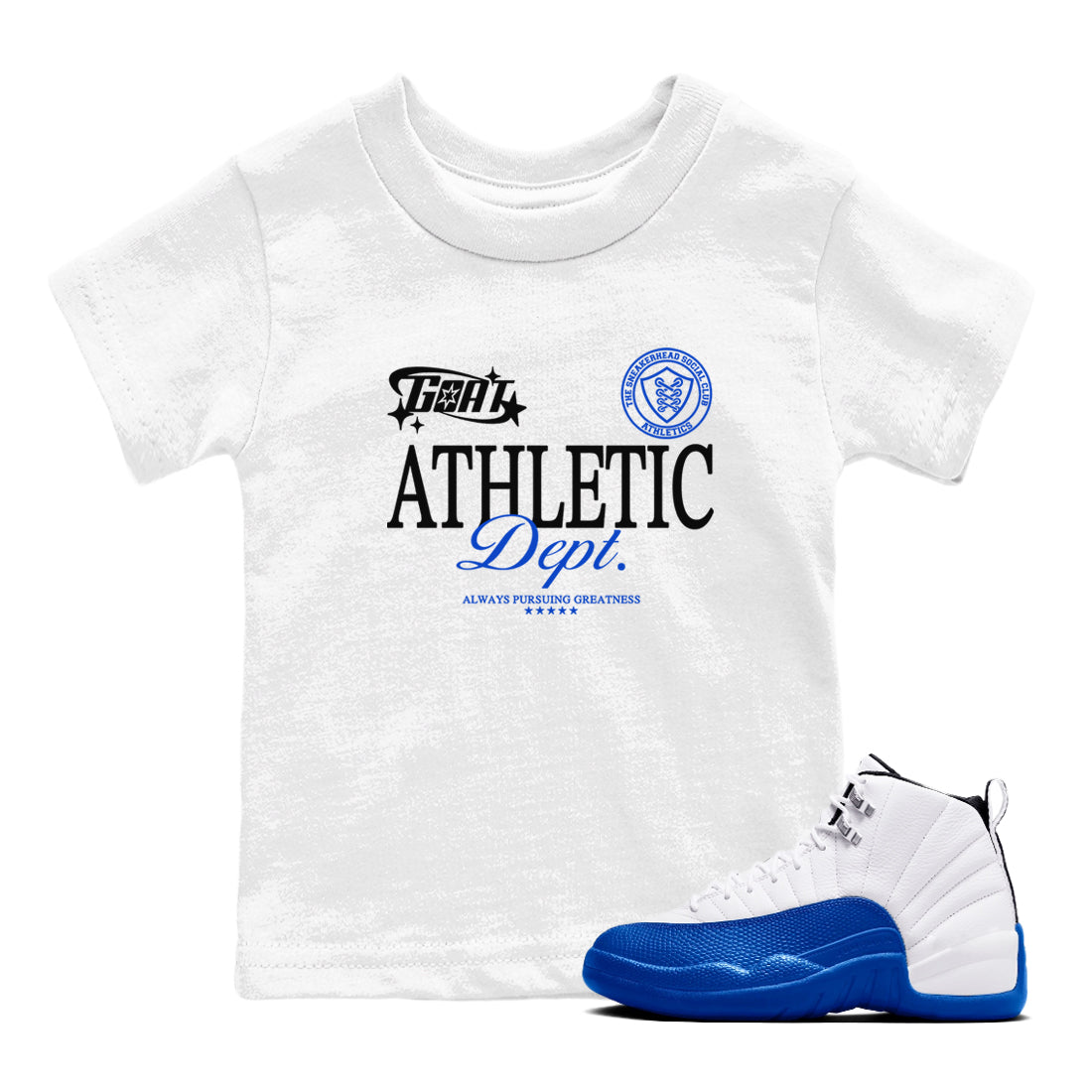 12s Blueberry shirts to match jordans Goat Athletic Dept sneaker match tees Air Jordan 12 Blueberry Drip Gear Zone Youth Baby White 1 crew neck shirts