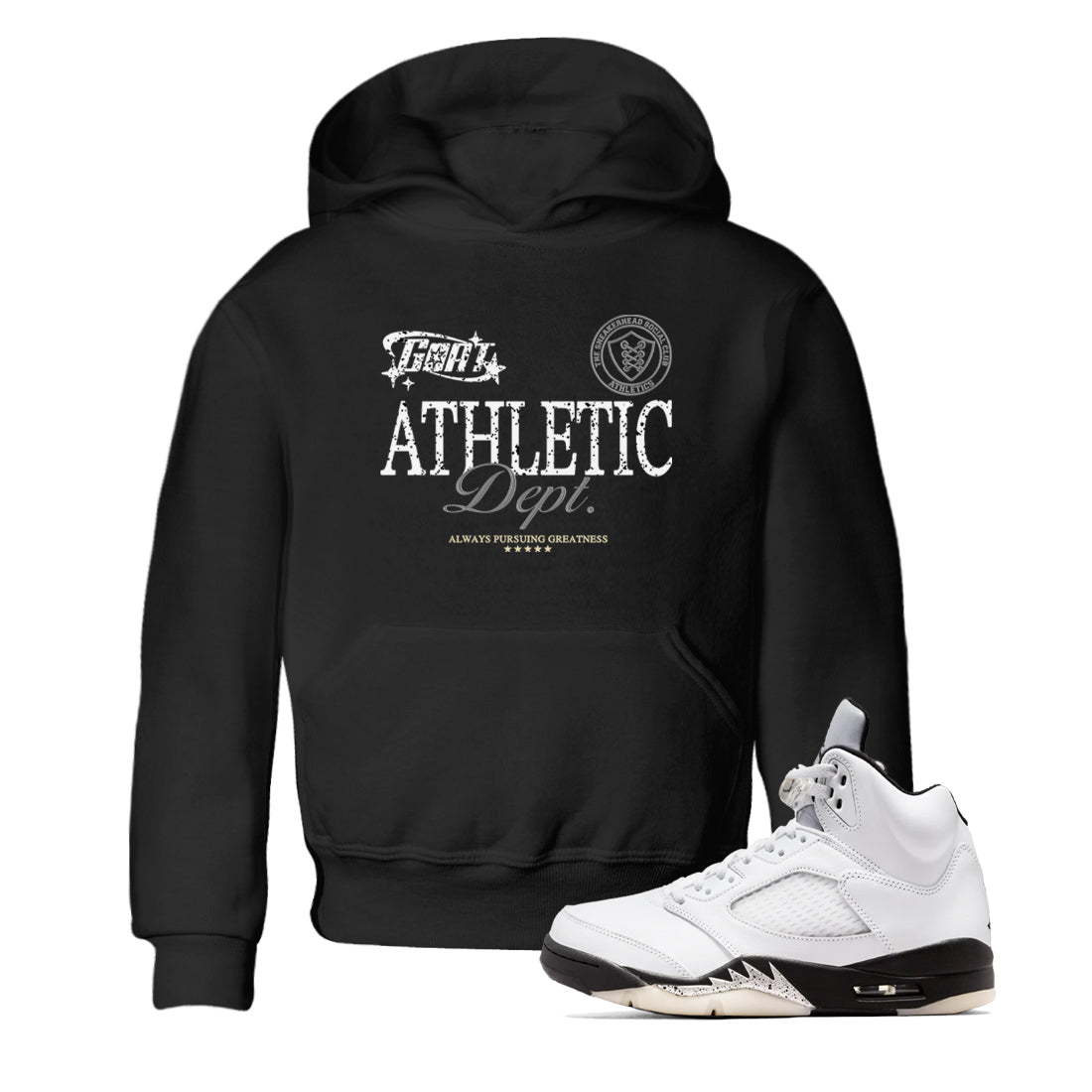 5s White Black shirts to match jordans Goat Athletic Dept sneaker match tees Air Jordan 5 White Black Drip Gear Zone Youth Baby Black 1 crew neck shirts