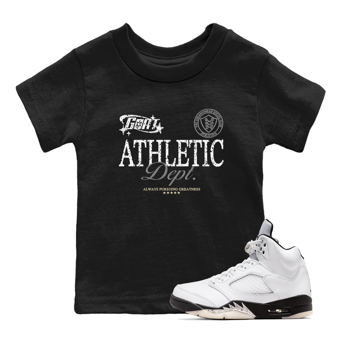 5s White Black shirts to match jordans Goat Athletic Dept sneaker match tees Air Jordan 5 White Black Drip Gear Zone Youth Baby Black 1 crew neck shirts