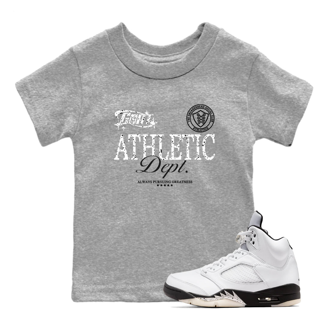 5s White Black shirts to match jordans Goat Athletic Dept sneaker match tees Air Jordan 5 White Black Drip Gear Zone Youth Baby Heather Grey 1 crew neck shirts