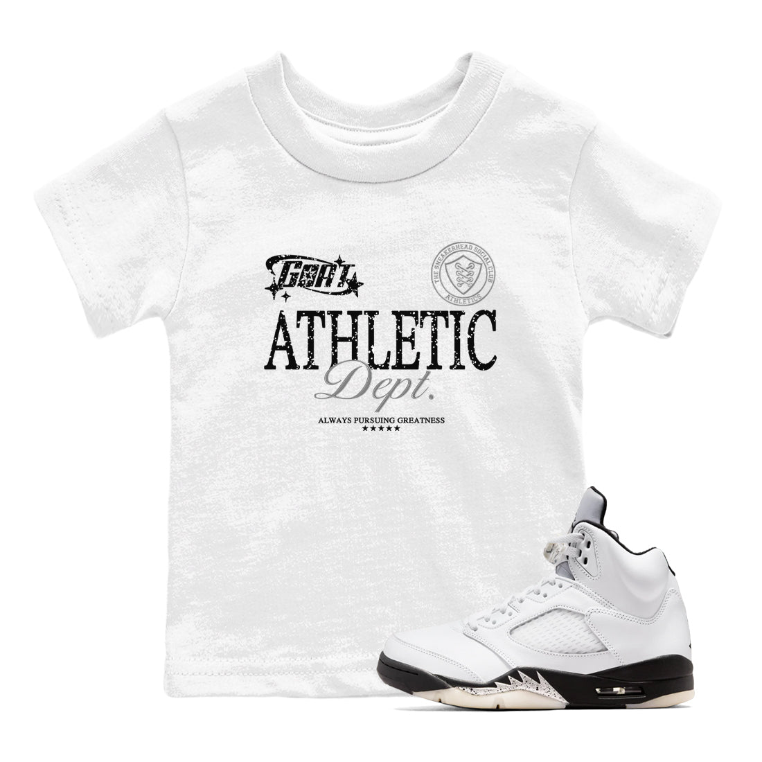 5s White Black shirts to match jordans Goat Athletic Dept sneaker match tees Air Jordan 5 White Black Drip Gear Zone Youth Baby White 1 crew neck shirts