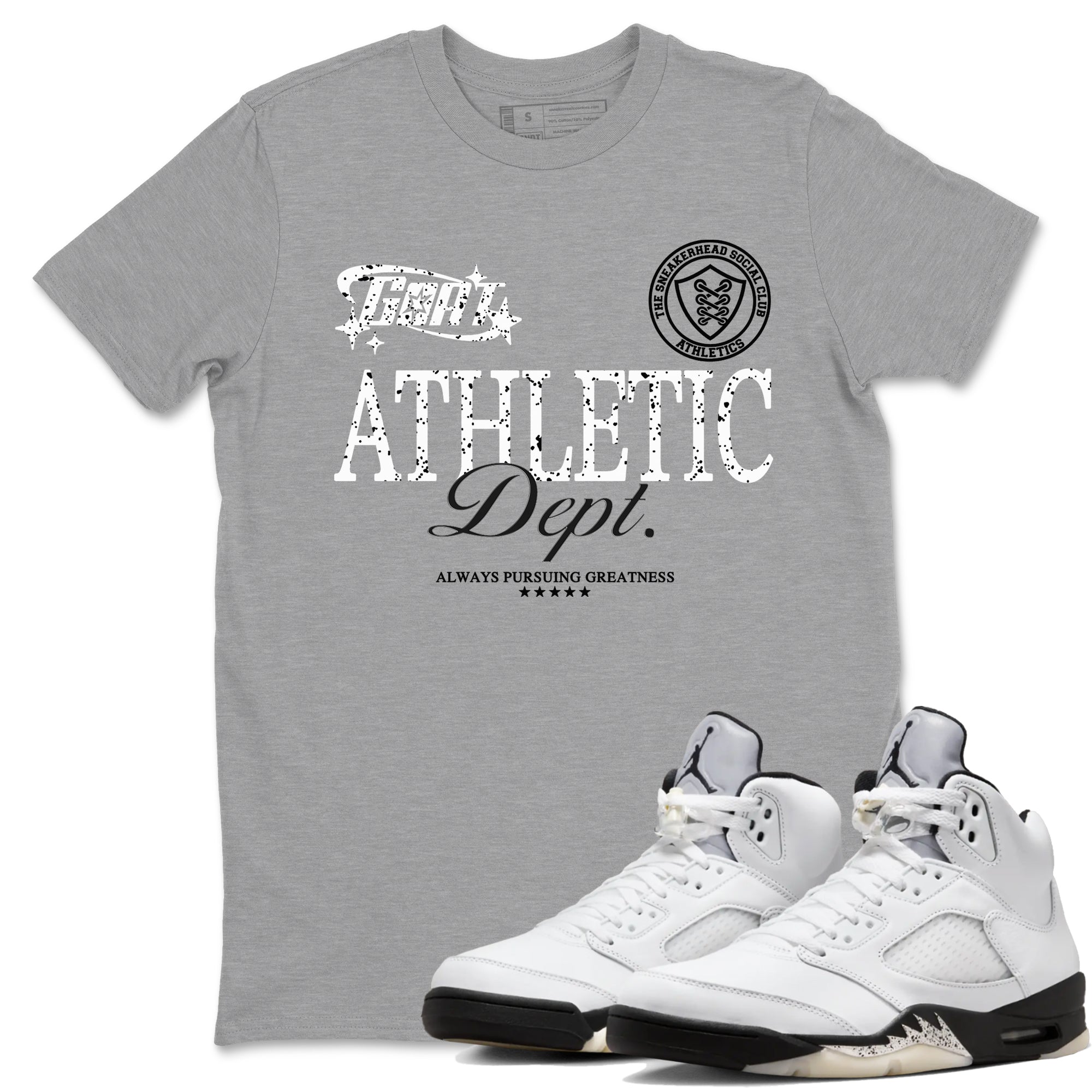 5s White Black shirts to match jordans Goat Athletic Dept sneaker match tees Air Jordan 5 White Black Drip Gear Zone unisex cotton Heather Grey 1 crew neck shirts