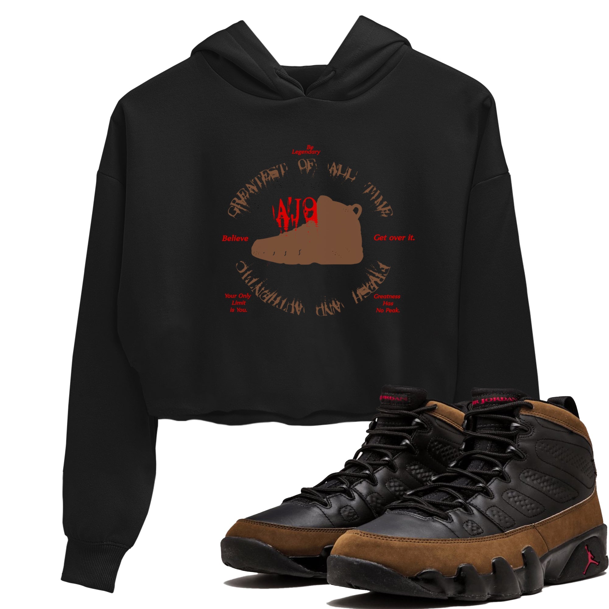 9s Olive shirts to match jordans Goat Kick sneaker match tees Air Jordan 9 Olive match shoes to clothes Drip Gear Zone unisex cotton Black 1 crop tee