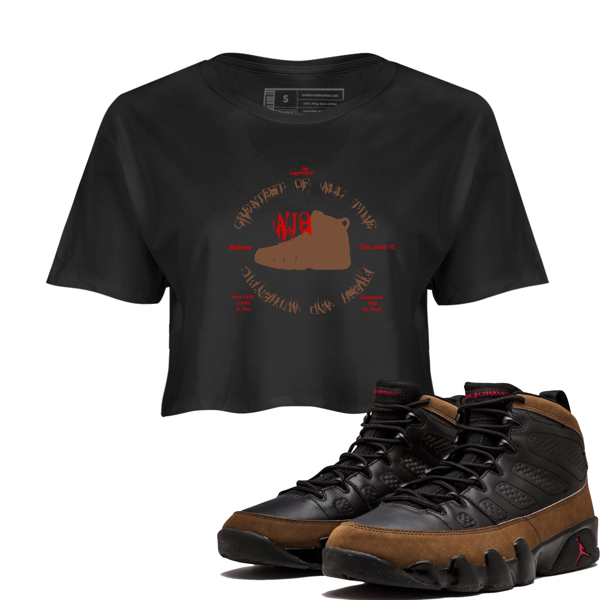 9s Olive shirts to match jordans Goat Kick sneaker match tees Air Jordan 9 Olive match shoes to clothes Drip Gear Zone unisex cotton Black 1 crop tee