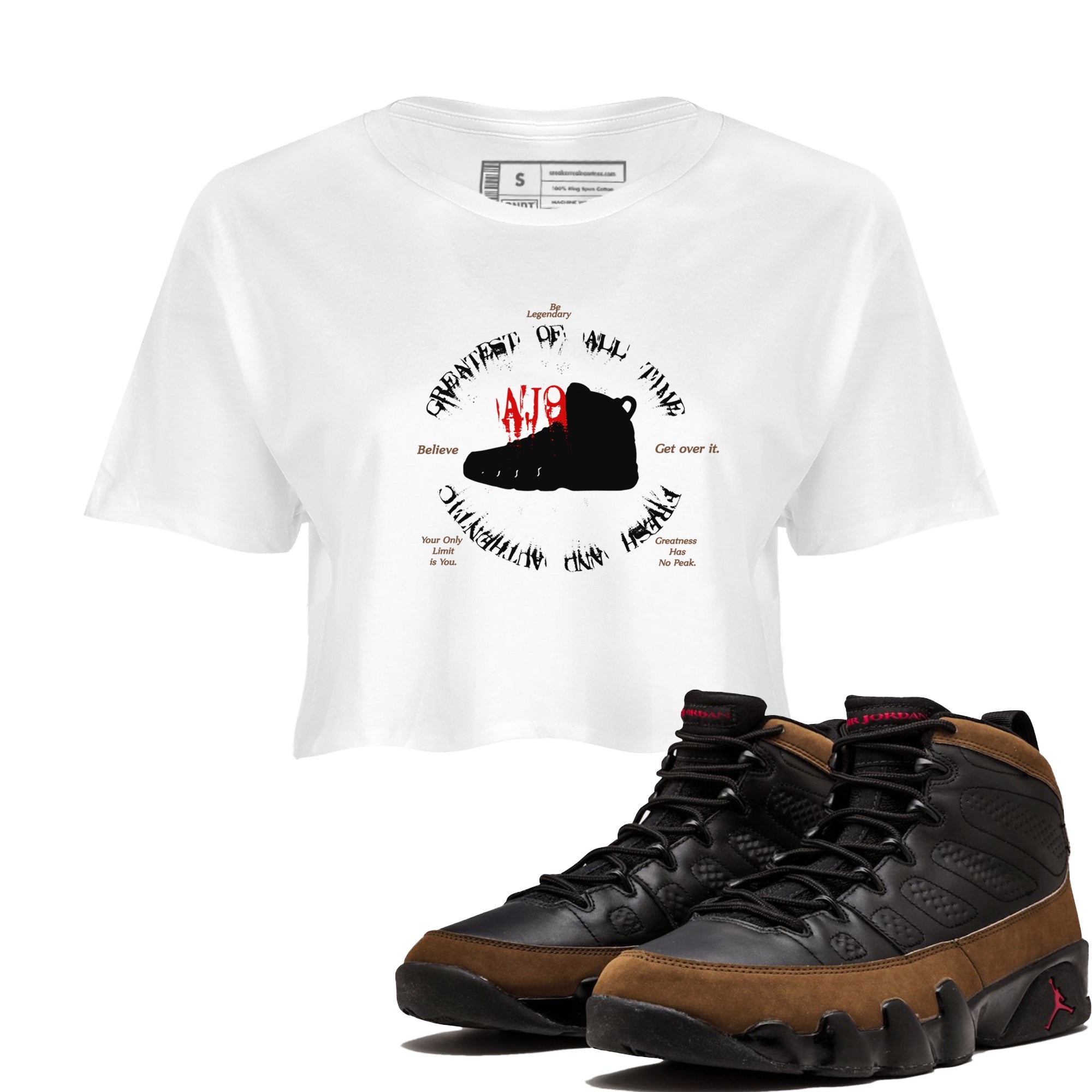 9s Olive shirts to match jordans Goat Kick sneaker match tees Air Jordan 9 Olive match shoes to clothes Drip Gear Zone unisex cotton White 1 crop tee