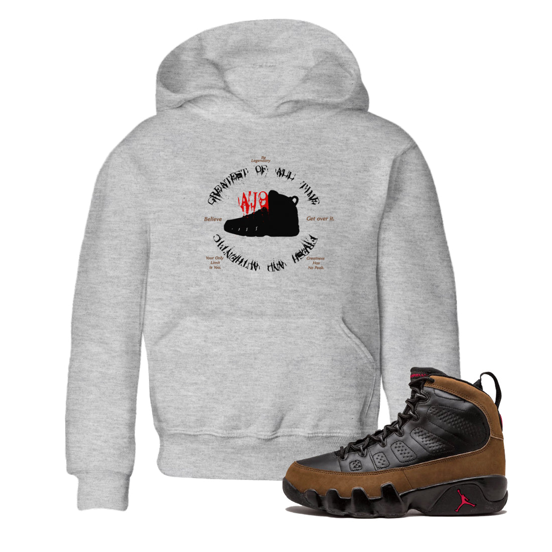 9s Olive shirts to match jordans Goat Kick sneaker match tees Air Jordan 9 Olive match shoes to clothes Drip Gear Zone Youth Baby Heather Grey 1 tee