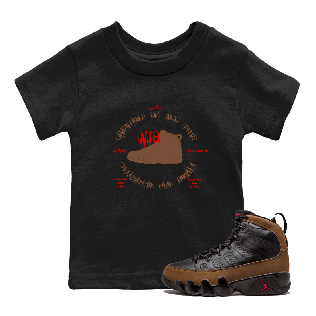 9s Olive shirts to match jordans Goat Kick sneaker match tees Air Jordan 9 Olive match shoes to clothes Drip Gear Zone Youth Baby Black 1 tee