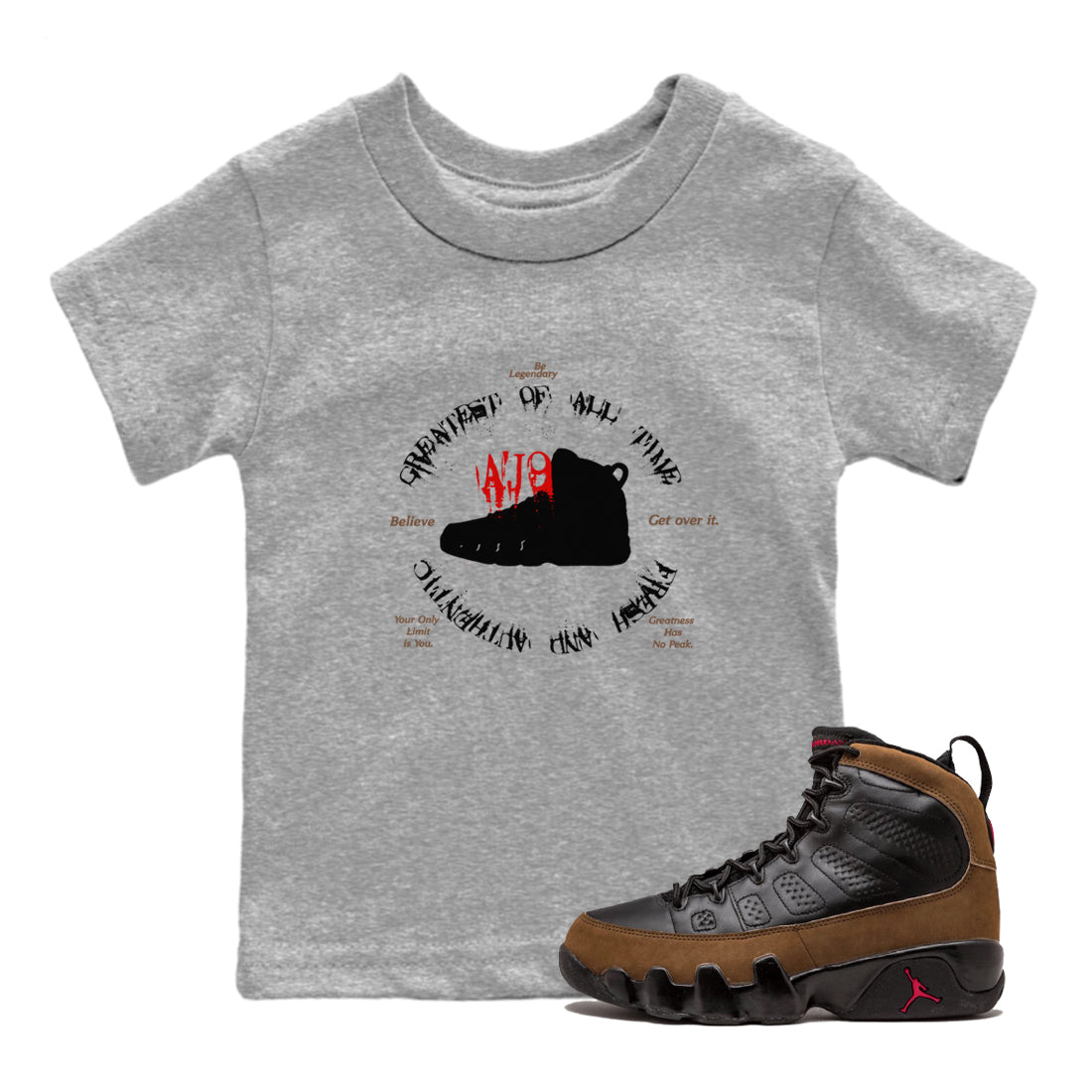 9s Olive shirts to match jordans Goat Kick sneaker match tees Air Jordan 9 Olive match shoes to clothes Drip Gear Zone Youth Baby Heather Grey 1 tee