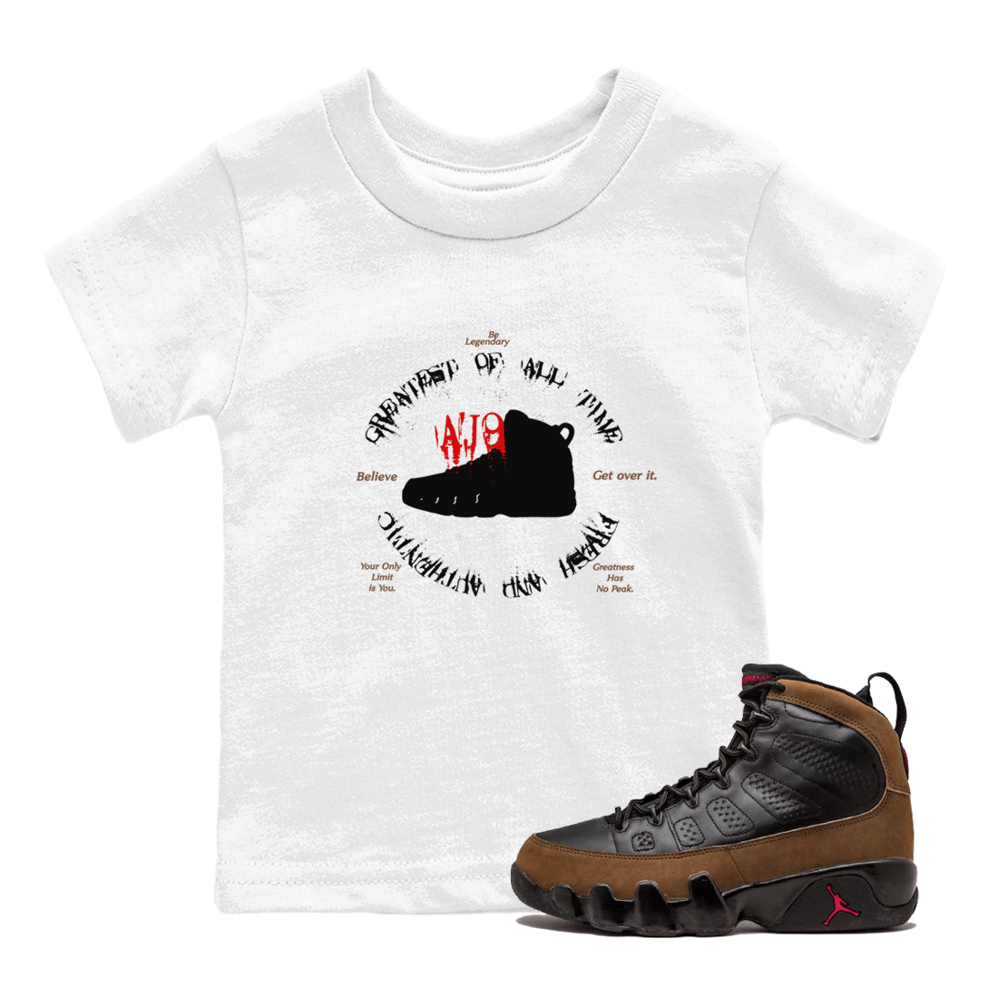 9s Olive shirts to match jordans Goat Kick sneaker match tees Air Jordan 9 Olive match shoes to clothes Drip Gear Zone Youth Baby White 1 tee