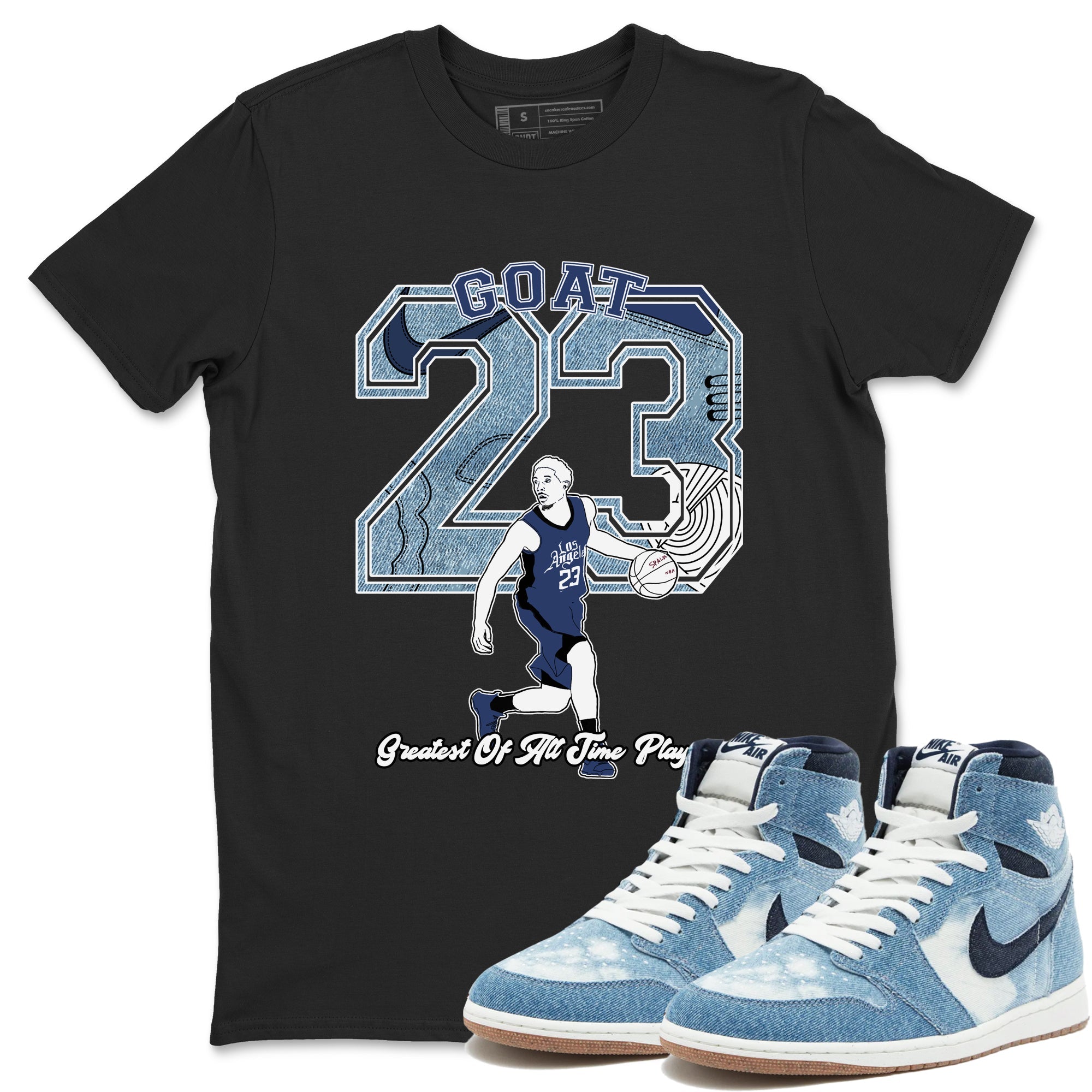 1s Denim shirts to match jordans Goat Player sneaker match tees Air Jordan 1 Denim Drip Gear Zone streetwear brand Black 1 unisex cotton tee