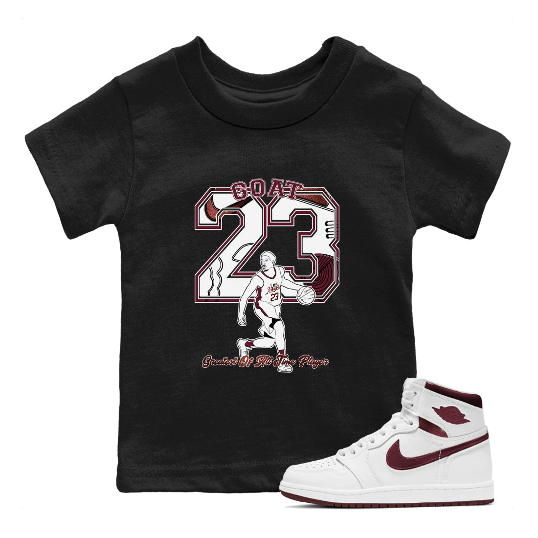 AJ1 High '85 Metallic Burgundy shirts to match jordans Goat Player sneaker match tees 1s High '85 Metallic Burgundy Drip Gear Zone streetwear brand Baby and Youth Black 1 cotton tee
