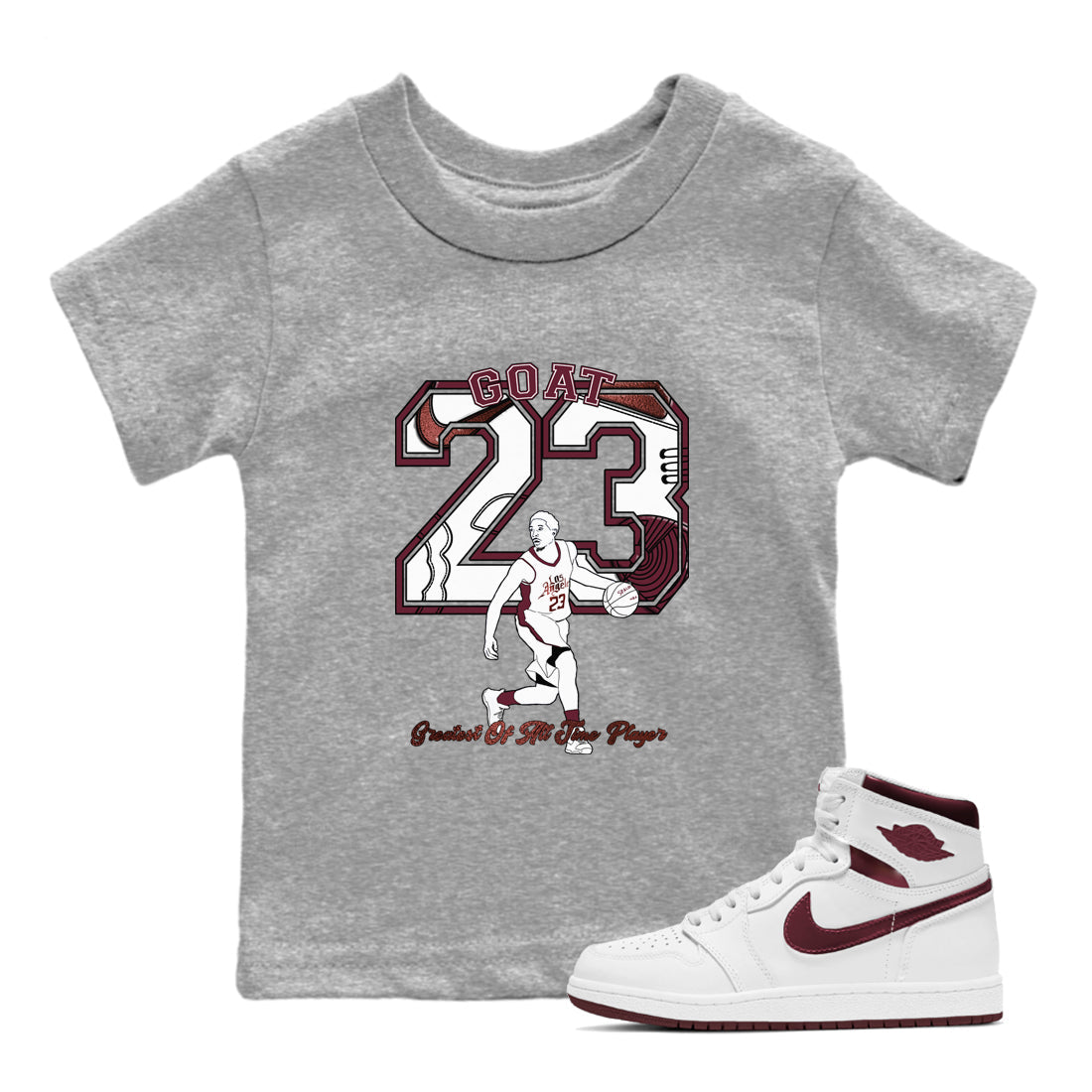 AJ1 High '85 Metallic Burgundy shirts to match jordans Goat Player sneaker match tees 1s High '85 Metallic Burgundy Drip Gear Zone streetwear brand Baby and Youth Heather Grey 1 cotton tee