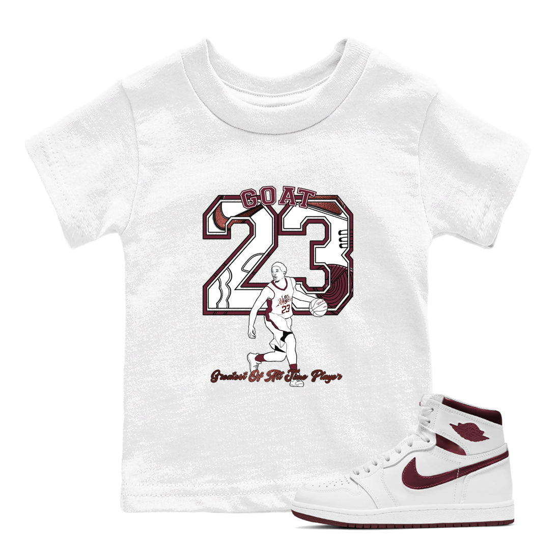 AJ1 High '85 Metallic Burgundy shirts to match jordans Goat Player sneaker match tees 1s High '85 Metallic Burgundy Drip Gear Zone streetwear brand Baby and Youth White 1 cotton tee
