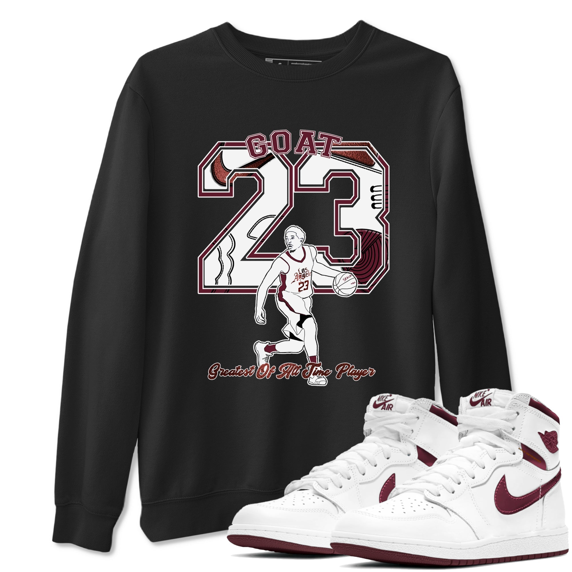 AJ1 High '85 Metallic Burgundy shirts to match jordans Goat Player sneaker match tees 1s High '85 Metallic Burgundy Drip Gear Zone streetwear brand Black 1 unisex cotton tee