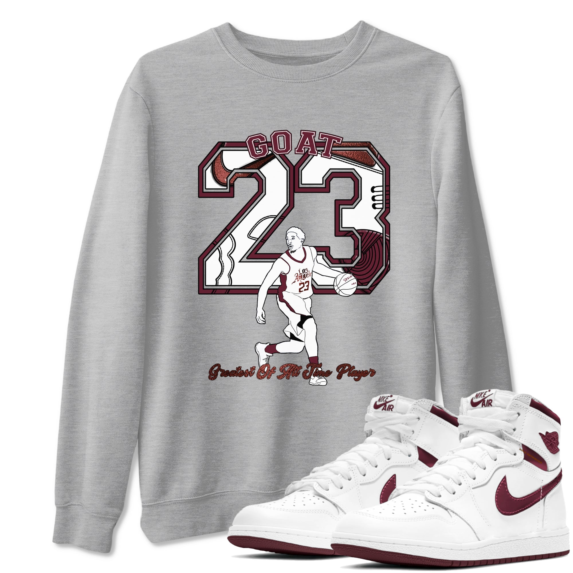 AJ1 High '85 Metallic Burgundy shirts to match jordans Goat Player sneaker match tees 1s High '85 Metallic Burgundy Drip Gear Zone streetwear brand Heather Grey 1 unisex cotton tee