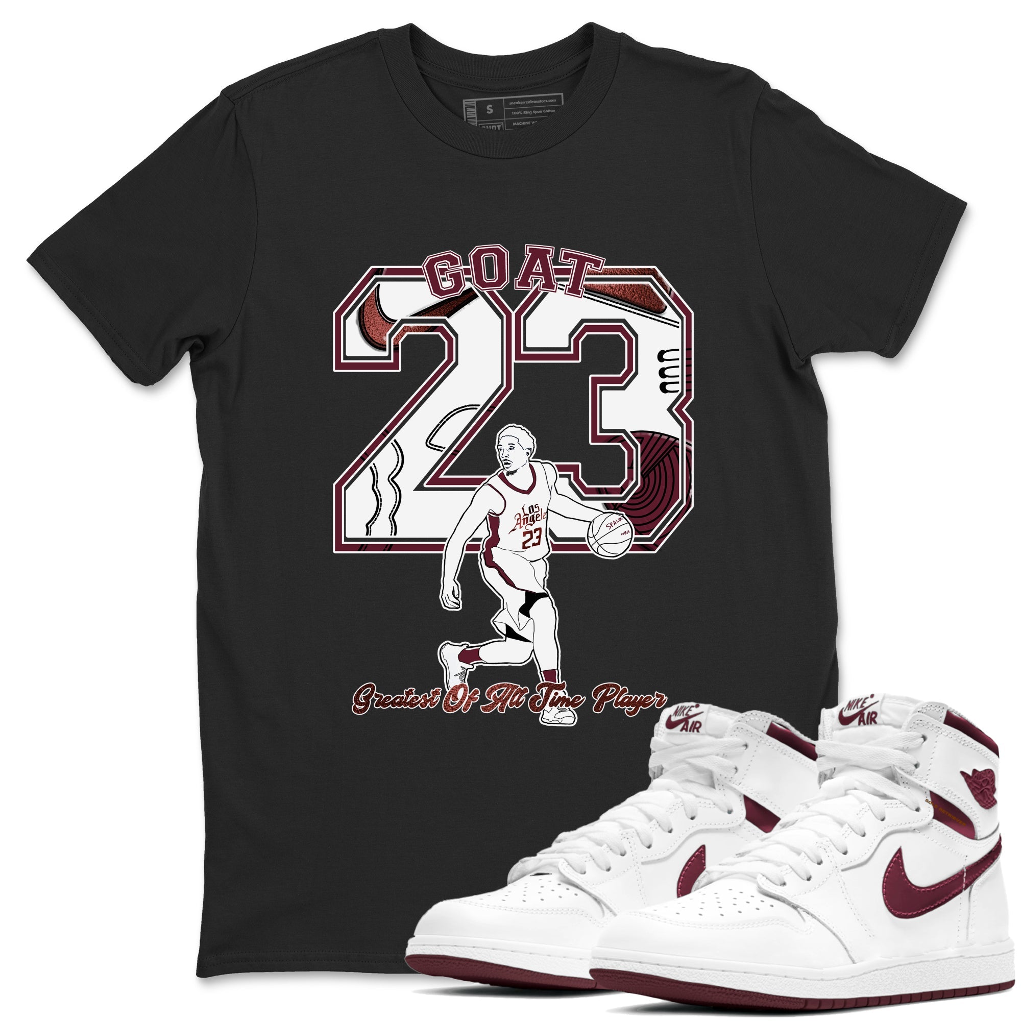 AJ1 High '85 Metallic Burgundy shirts to match jordans Goat Player sneaker match tees 1s High '85 Metallic Burgundy Drip Gear Zone streetwear brand Black 1 unisex cotton tee