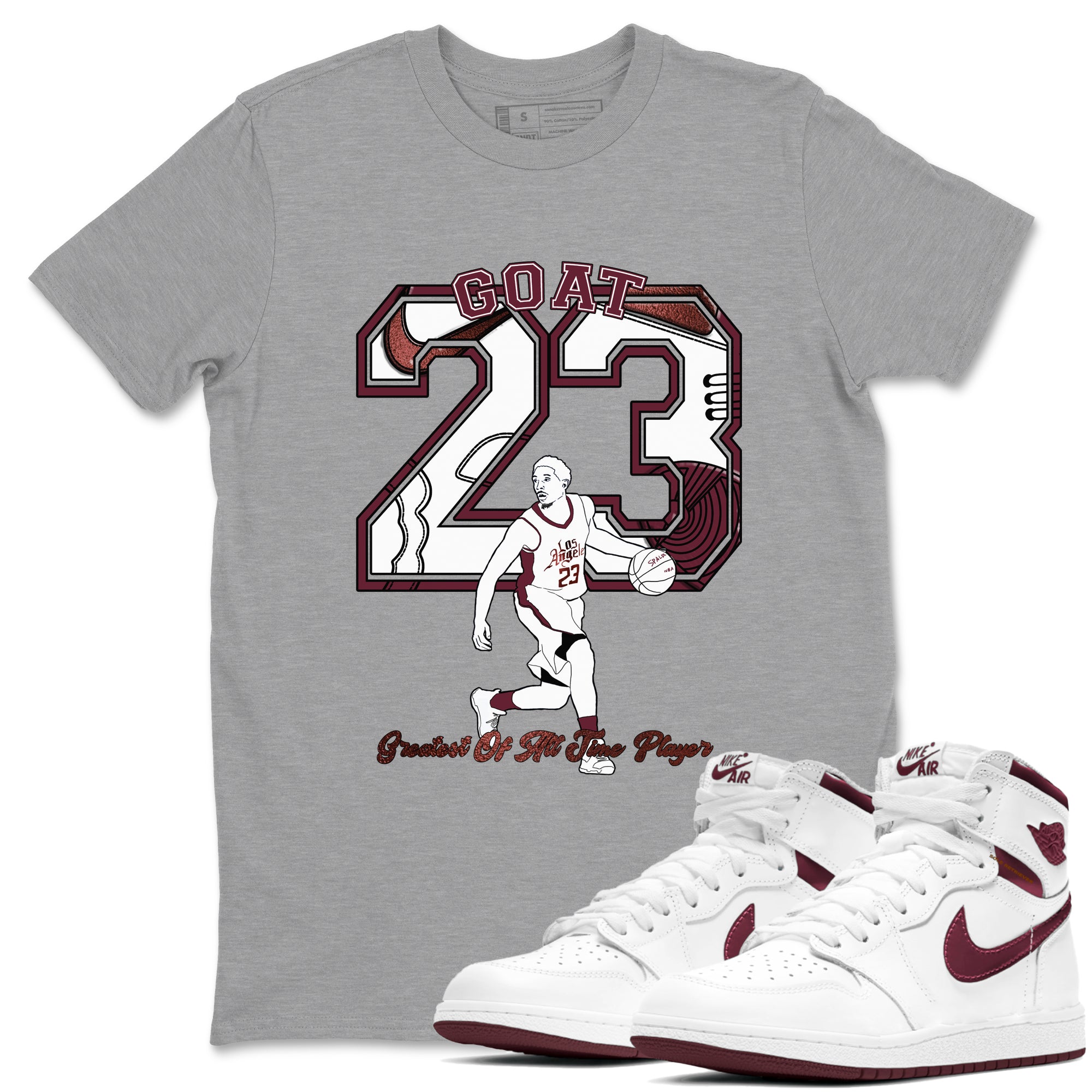 AJ1 High '85 Metallic Burgundy shirts to match jordans Goat Player sneaker match tees 1s High '85 Metallic Burgundy Drip Gear Zone streetwear brand Heather Grey 1 unisex cotton tee