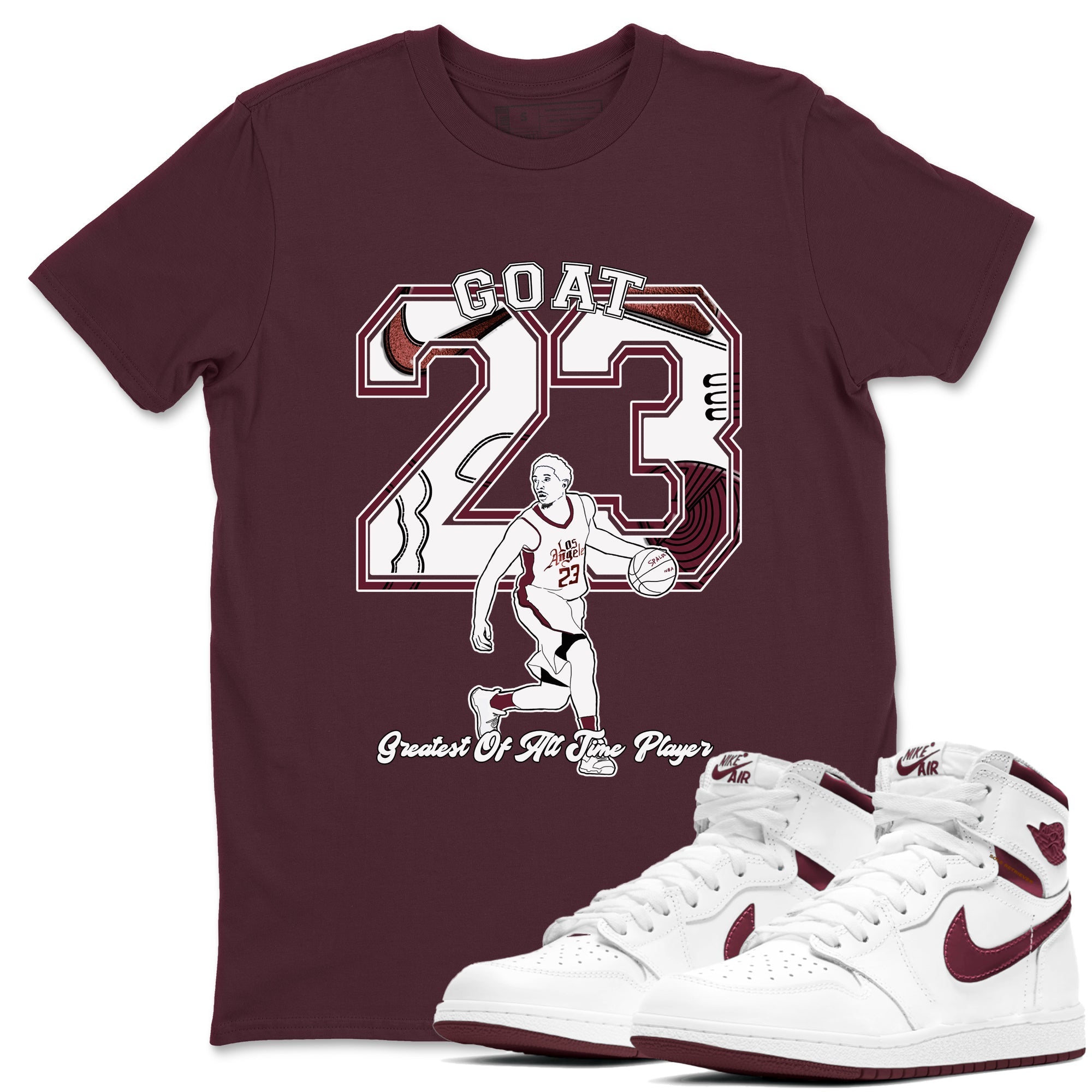 AJ1 High '85 Metallic Burgundy shirts to match jordans Goat Player sneaker match tees 1s High '85 Metallic Burgundy Drip Gear Zone streetwear brand Maroon 1 unisex cotton tee