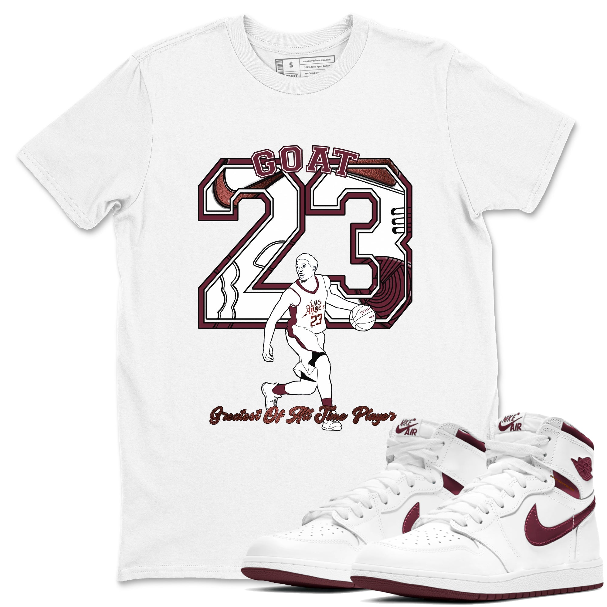 AJ1 High '85 Metallic Burgundy shirts to match jordans Goat Player sneaker match tees 1s High '85 Metallic Burgundy Drip Gear Zone streetwear brand White 1 unisex cotton tee