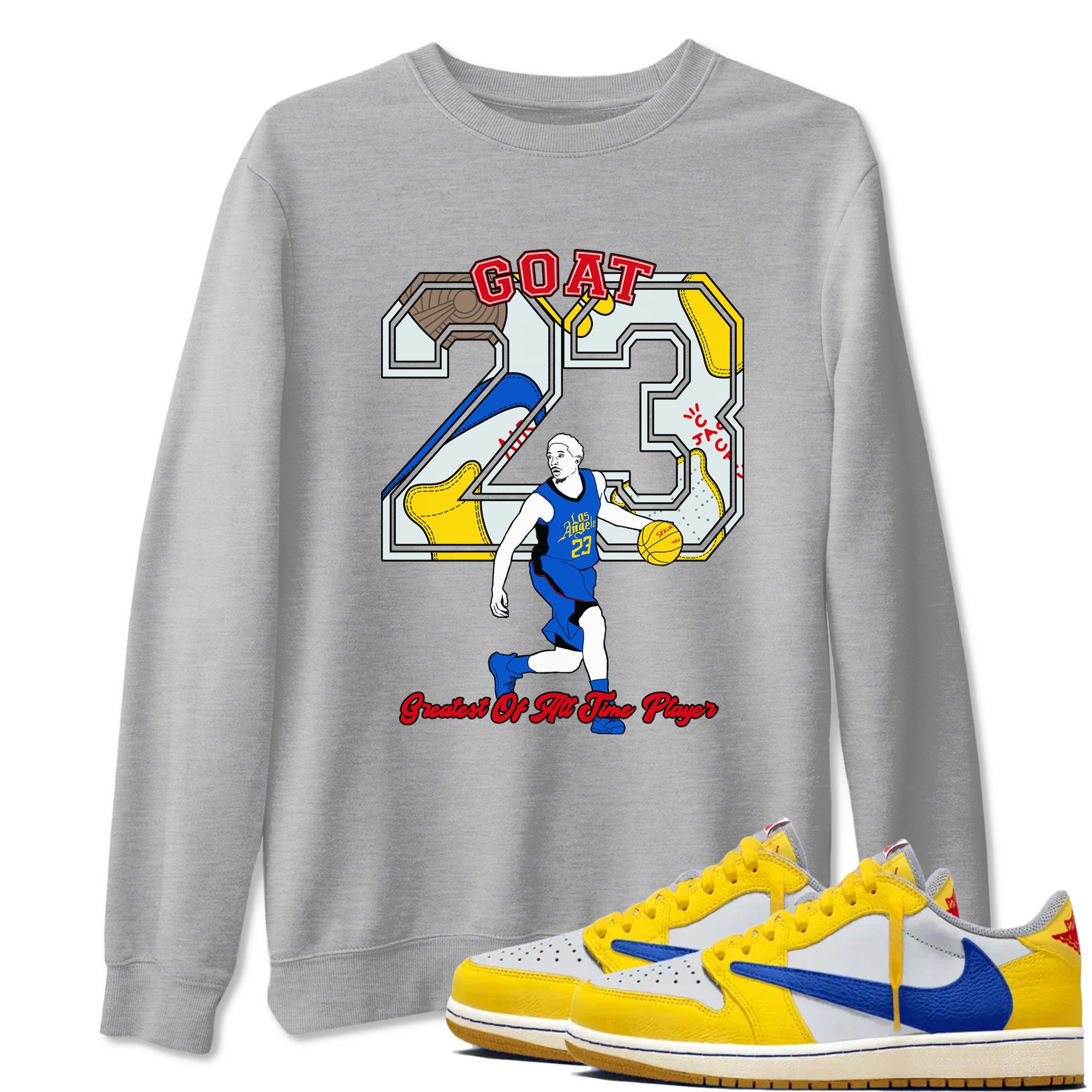 1s Travis Scott Canary shirt to match jordans Goat Player sneaker tees Air Jordan 1 Travis Scott Canary Drip Gear Zone unisex cotton Heather Grey 1 crew neck shirt