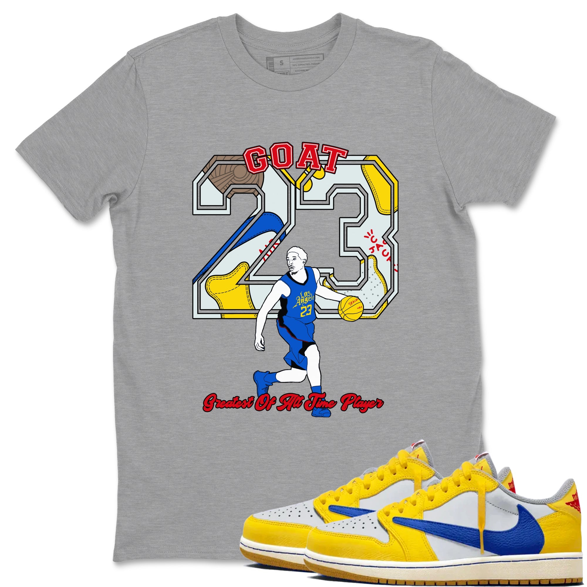 1s Travis Scott Canary shirt to match jordans Goat Player sneaker tees Air Jordan 1 Travis Scott Canary Drip Gear Zone unisex cotton Heather Grey 1 crew neck shirt