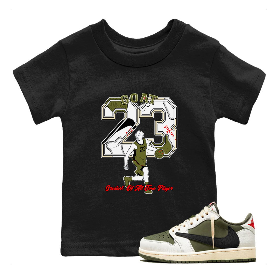 Jordan 1 Olive t shirts to match sneakers Goat Player sneaker match tees Air Jordan 1 Low x Travis Scott Reverse Olive tee Drip Gear Zone Youth Baby Black 1 tee