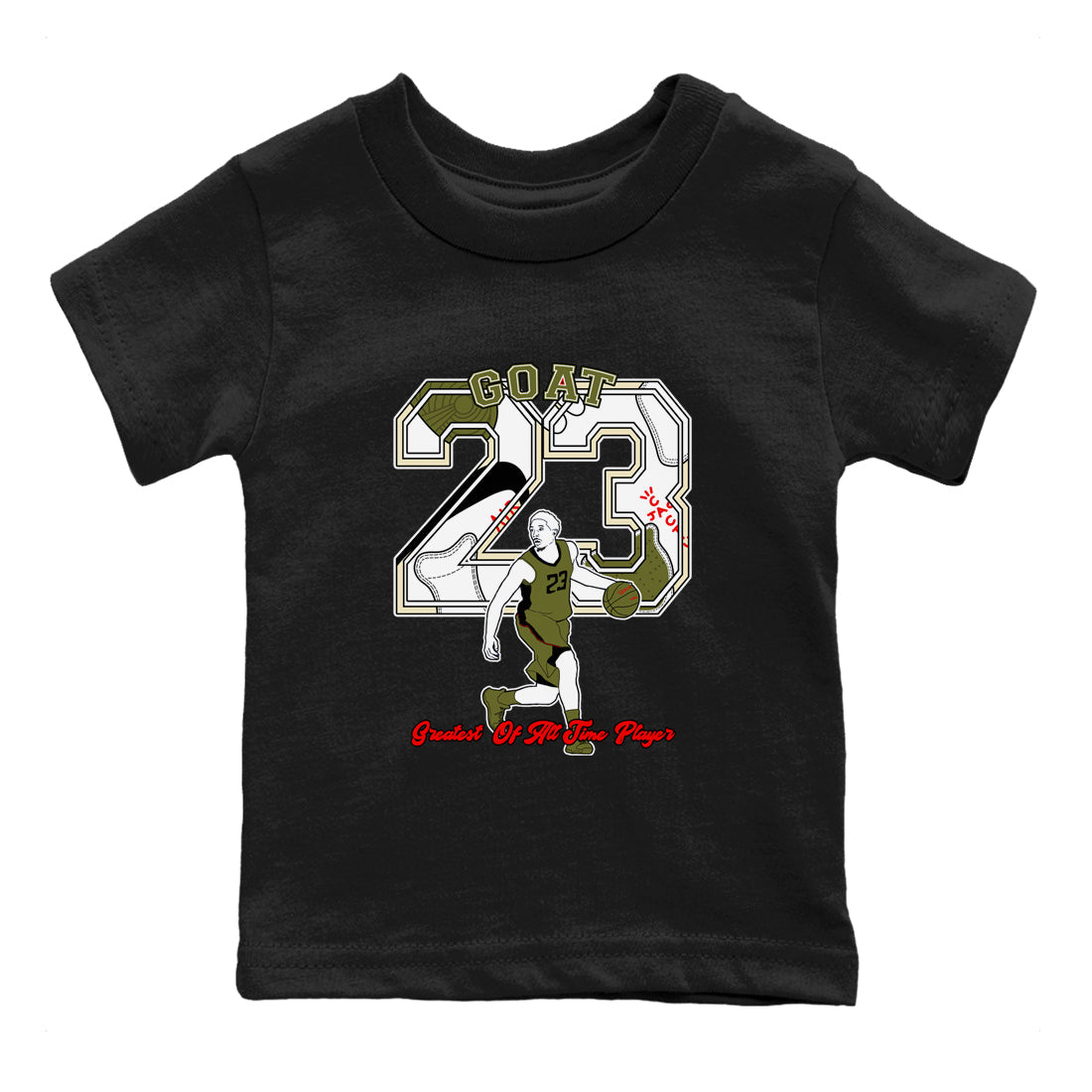 Jordan 1 Olive t shirts to match sneakers Goat Player sneaker match tees Air Jordan 1 Low x Travis Scott Reverse Olive tee Drip Gear Zone Youth Baby Black 2 tee
