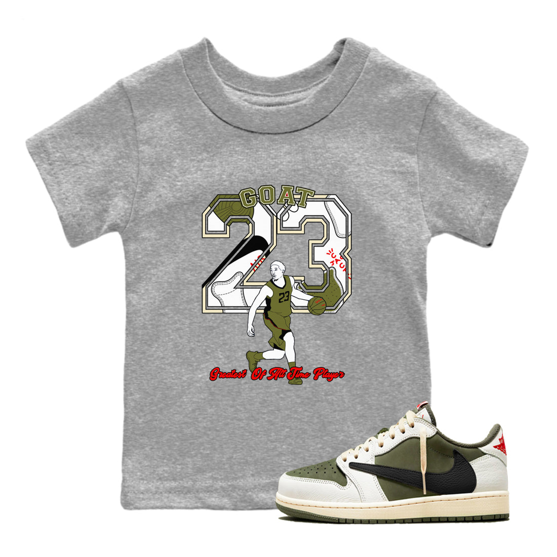 Jordan 1 Olive t shirts to match sneakers Goat Player sneaker match tees Air Jordan 1 Low x Travis Scott Reverse Olive tee Drip Gear Zone Youth Baby Heather Grey 1 tee