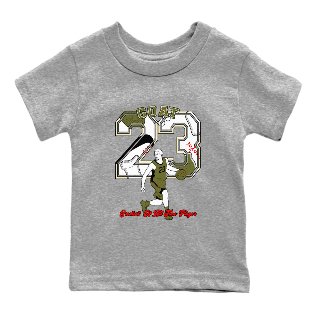 Jordan 1 Olive t shirts to match sneakers Goat Player sneaker match tees Air Jordan 1 Low x Travis Scott Reverse Olive tee Drip Gear Zone Youth Baby Heather Grey 2 tee