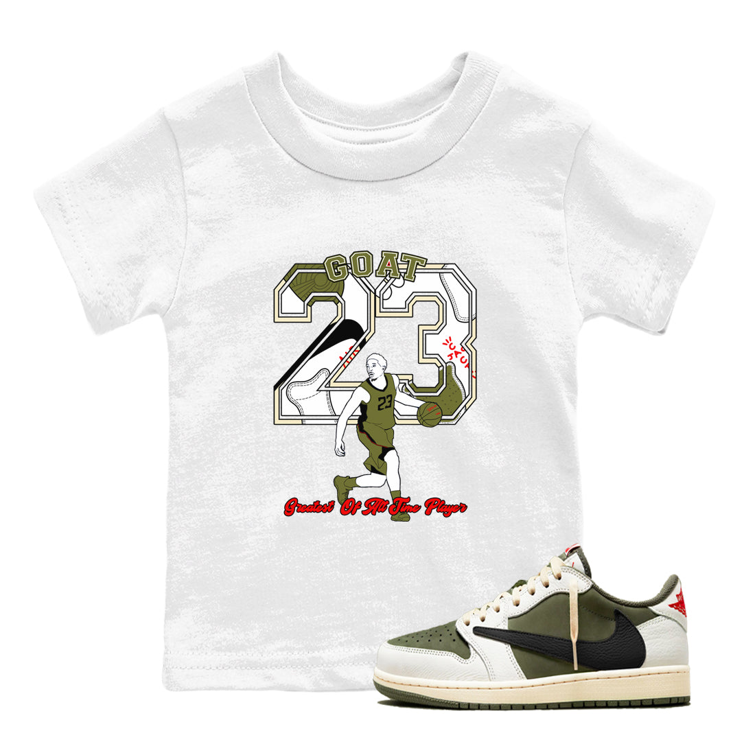 Jordan 1 Olive t shirts to match sneakers Goat Player sneaker match tees Air Jordan 1 Low x Travis Scott Reverse Olive tee Drip Gear Zone Youth Baby White 1 tee