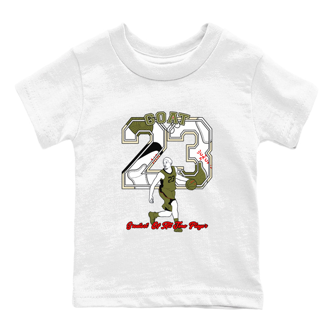 Jordan 1 Olive t shirts to match sneakers Goat Player sneaker match tees Air Jordan 1 Low x Travis Scott Reverse Olive tee Drip Gear Zone Youth Baby White 2 tee