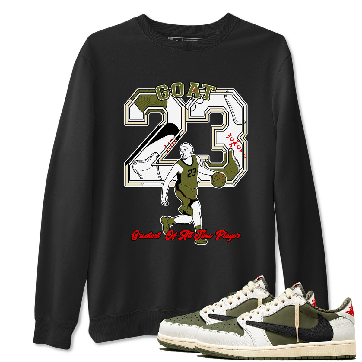 Jordan 1 Olive t shirts to match sneakers Goat Player sneaker match tees Air Jordan 1 Low x Travis Scott Reverse Olive tee Drip Gear Zone unisex cotton Black 1 shirts
