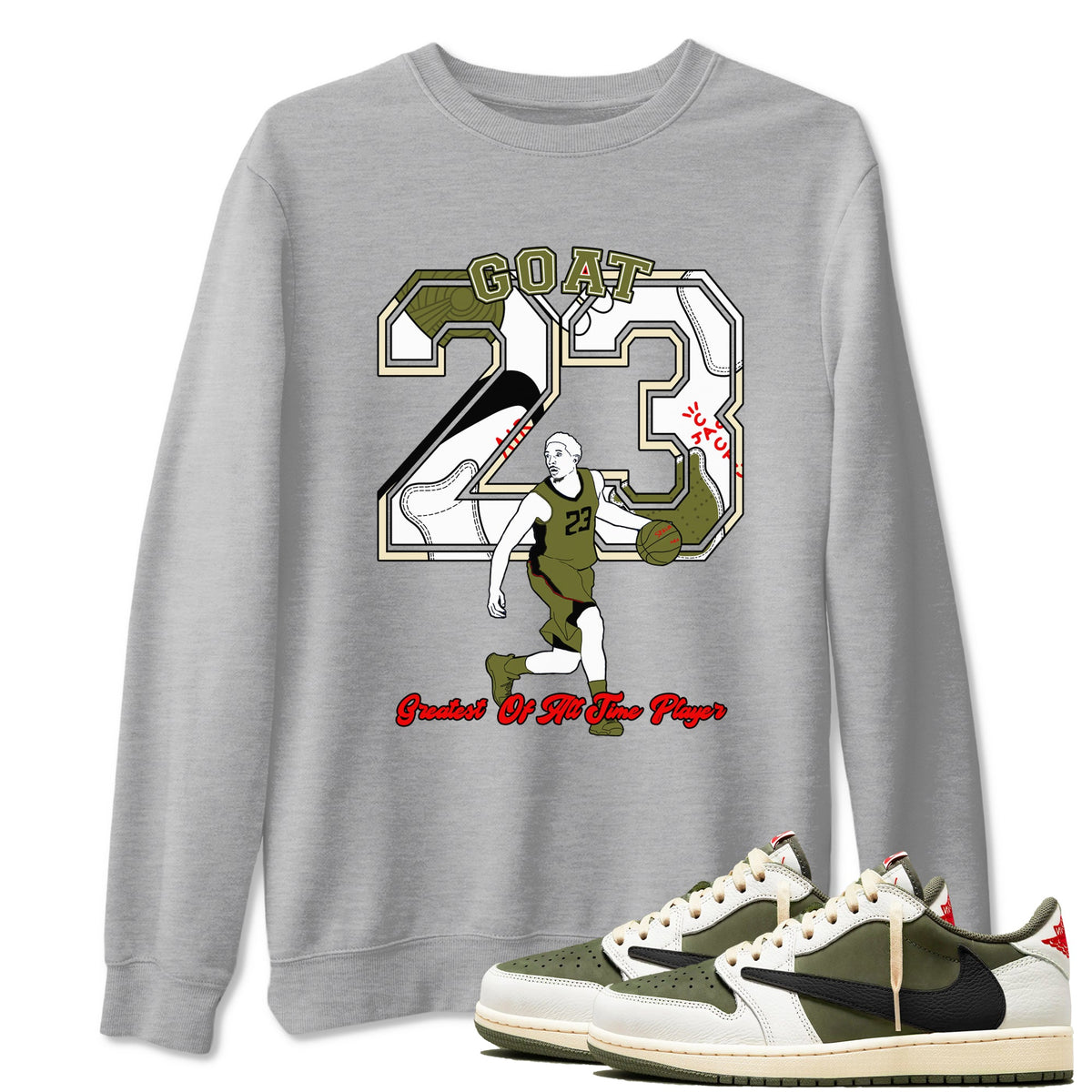 Jordan 1 Olive t shirts to match sneakers Goat Player sneaker match tees Air Jordan 1 Low x Travis Scott Reverse Olive tee Drip Gear Zone unisex cotton Heather Grey 1 shirts
