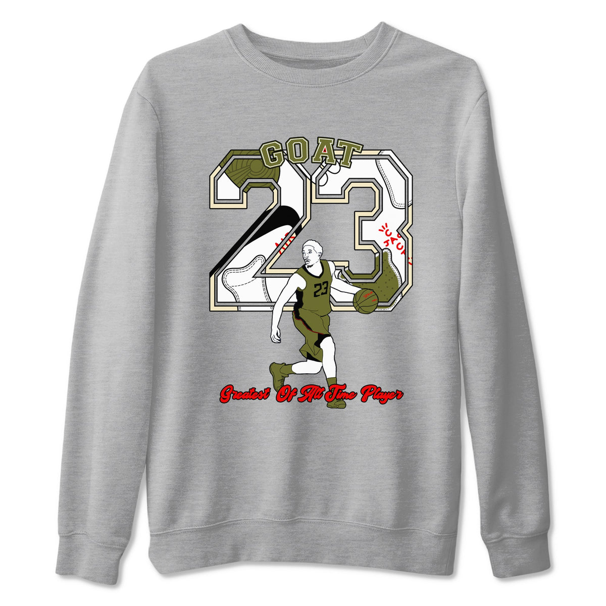Jordan 1 Olive t shirts to match sneakers Goat Player sneaker match tees Air Jordan 1 Low x Travis Scott Reverse Olive tee Drip Gear Zone unisex cotton Heather Grey 2 shirts
