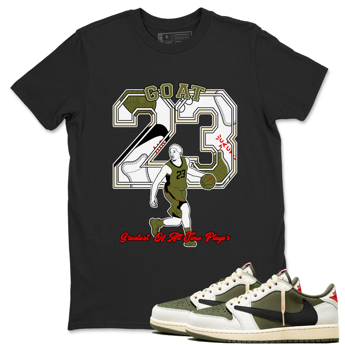 Jordan 1 Olive t shirts to match sneakers Goat Player sneaker match tees Air Jordan 1 Low x Travis Scott Reverse Olive tee Drip Gear Zone unisex cotton Black 1 shirts