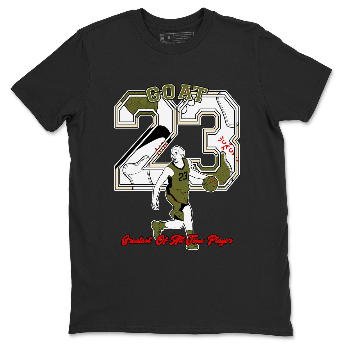 Jordan 1 Olive t shirts to match sneakers Goat Player sneaker match tees Air Jordan 1 Low x Travis Scott Reverse Olive tee Drip Gear Zone unisex cotton Black 2 shirts