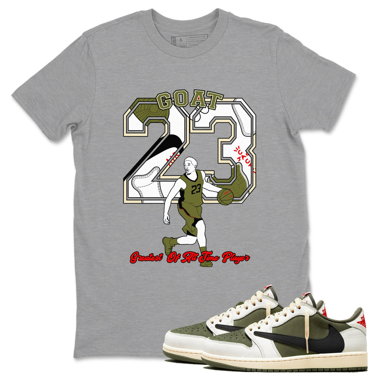 Jordan 1 Olive t shirts to match sneakers Goat Player sneaker match tees Air Jordan 1 Low x Travis Scott Reverse Olive tee Drip Gear Zone unisex cotton Heather Grey 1 shirts