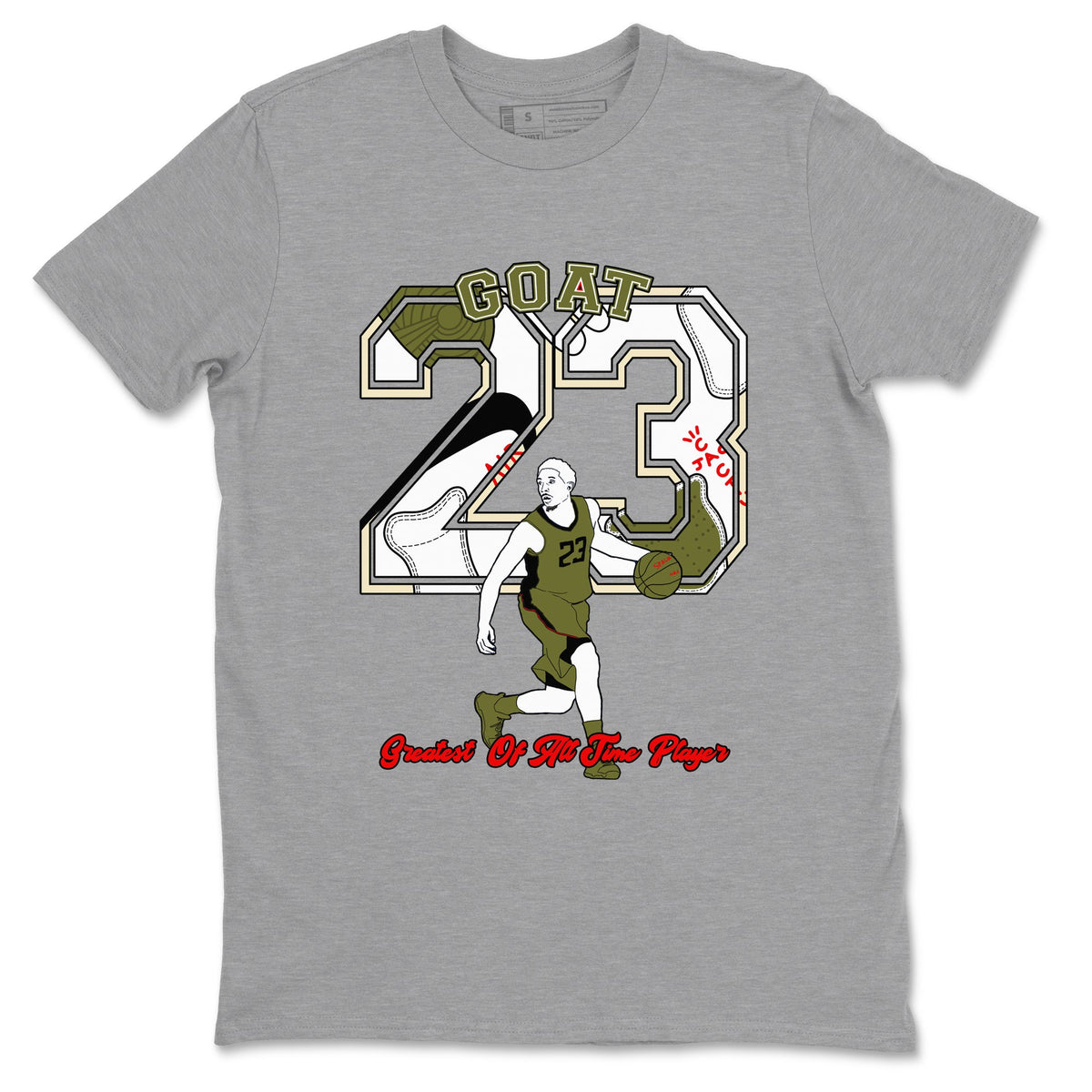 Jordan 1 Olive t shirts to match sneakers Goat Player sneaker match tees Air Jordan 1 Low x Travis Scott Reverse Olive tee Drip Gear Zone unisex cotton Heather Grey 2 shirts