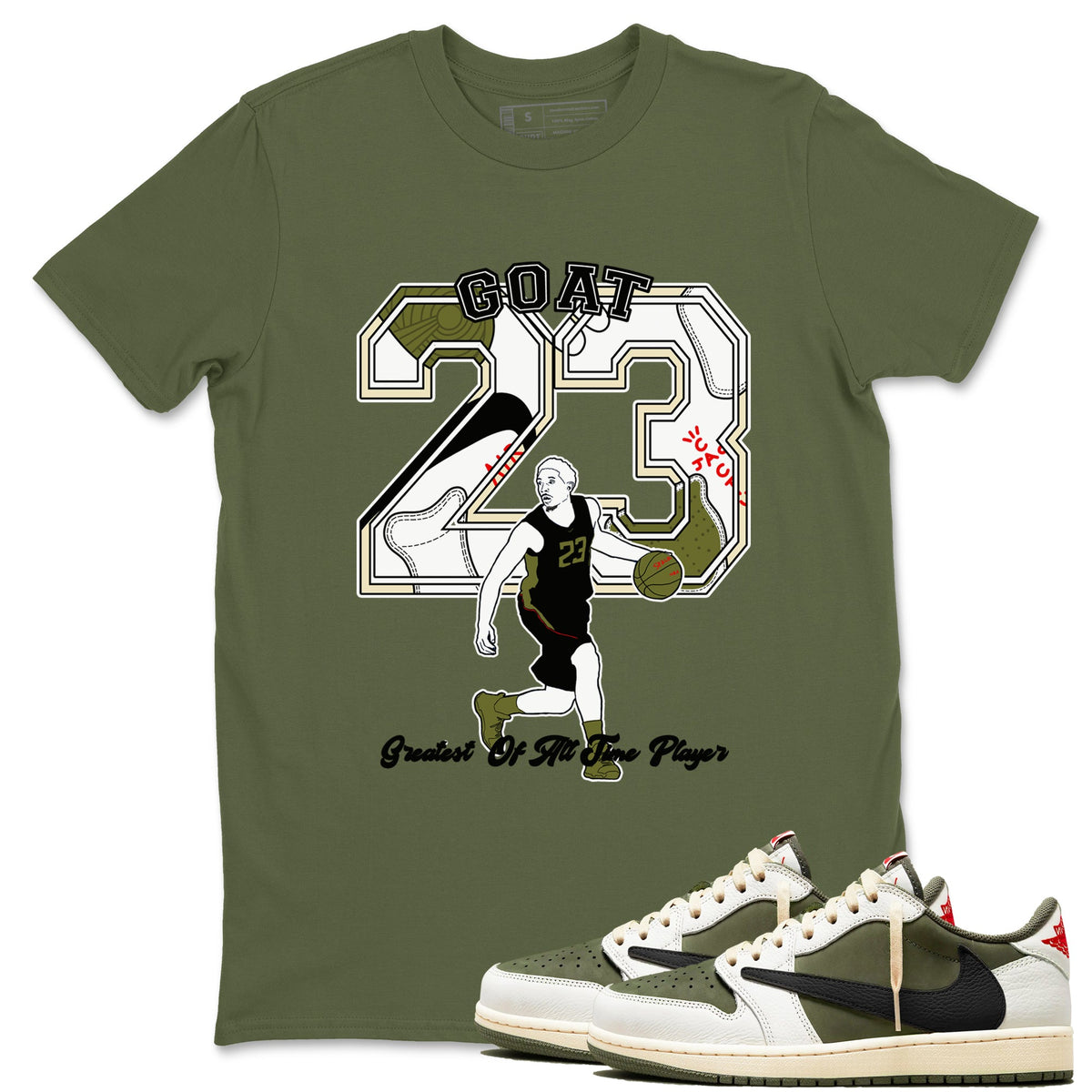 Jordan 1 Olive t shirts to match sneakers Goat Player sneaker match tees Air Jordan 1 Low x Travis Scott Reverse Olive tee Drip Gear Zone unisex cotton Military Green 1 shirts