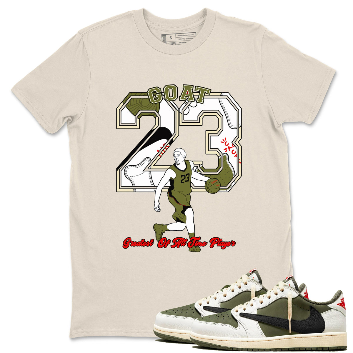 Jordan 1 Olive t shirts to match sneakers Goat Player sneaker match tees Air Jordan 1 Low x Travis Scott Reverse Olive tee Drip Gear Zone unisex cotton Natural 1 shirts
