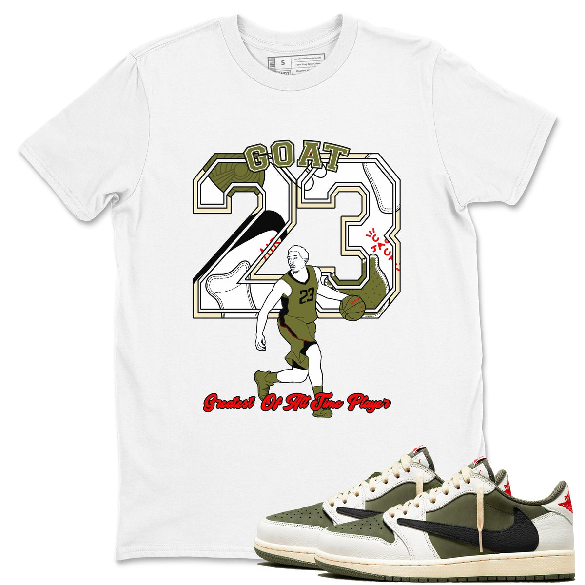 Jordan 1 Olive t shirts to match sneakers Goat Player sneaker match tees Air Jordan 1 Low x Travis Scott Reverse Olive tee Drip Gear Zone unisex cotton White 1 shirts